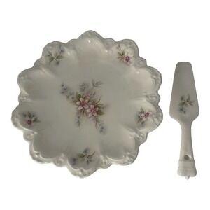Vintage USA Pottery Cake Plate & Server Set‎ Pink Blue Floral Scalloped Edge